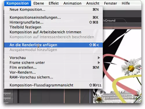 Die Renderliste versteckt sich unter "Komposition" - nicht unter "Ablage"