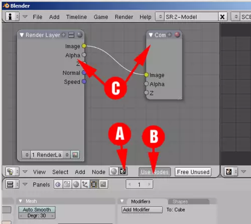 Wir schalten die Node-Ansicht auf Compositing und löschen die vorhandenen Nodes.
