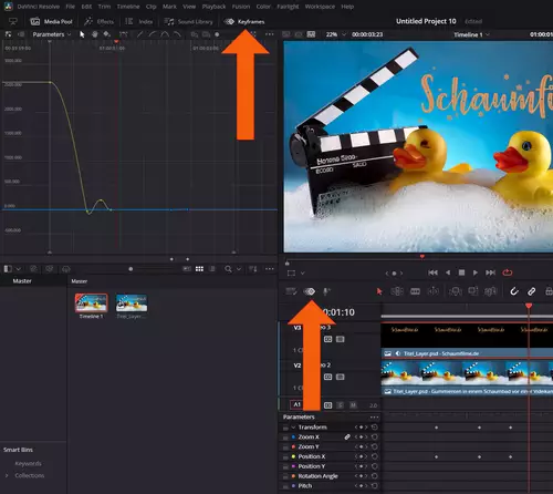 Timeline-Compositing DaVinci Resolve 20 Workshop - Photoshop Layer-Split und der neue Keyframe Editor : Keyframes aktiv