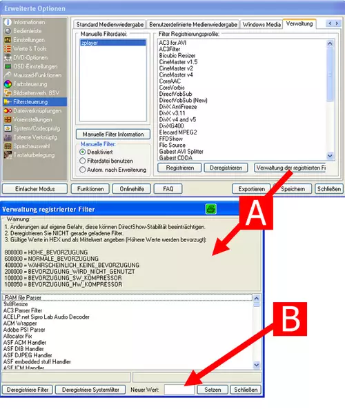 Im Zoomplayer findet man unter "Erweiterte Funktionen" / "Verwaltung der registrierten Filter" eine Merrit-Verwaltung[A]. Den Merrit-Wert trgt man unter[B] direkt ein. 