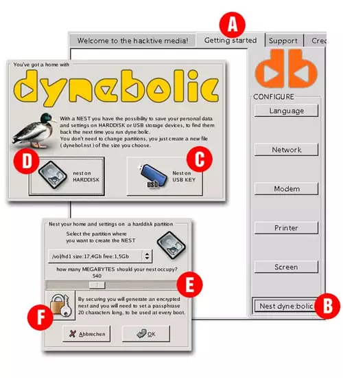 Abbildung 5: ber "Getting Started"[A] und "Nest dyne:bolic"[B], knnen wir auf USB-Stick[C] oder Festplatte[D] eine persnliche Nesting-Datei anlegen. Die Gre[E] und eine eventuelle Verschlsselung[F] sind frei whlbar.