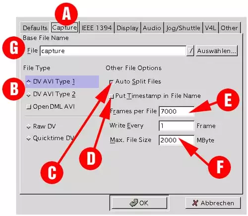 Abbildung 7: Imposante Capture-Optionen: Fast jedes DV-Format[B] wird untersttzt, und auch eine Szenentrennung[C] ist mit vielen Parametern enthalten.