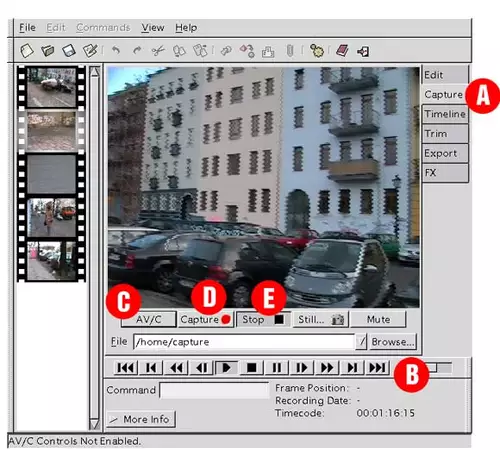  Abbildung 8: Im Capture-Modul[A] knnen Sie Ihren Camcorder fernsteuern[B] wenn Sie vorher den AV/C-Knopf[C] gedrckt haben. 