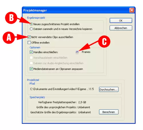 Abbildung 1: Der Projektmanager bietet zahlreiche Einstellmöglichkeiten. Entweder beim Zuschneiden...