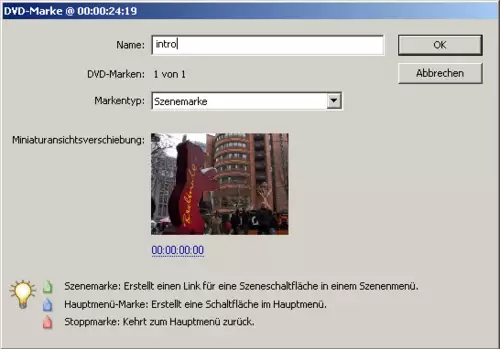 Einstellungsmöglichkeiten im DVD-Marken-Fenster