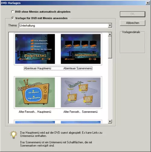 Auswahl einer Menü-Vorlage
