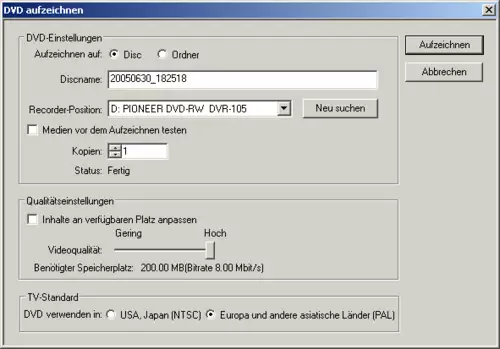 Wieviel Speicherplatz bei welcher Datenrate gebraucht wird, kann genau abgelesen werden