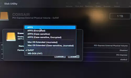 Günstiges Speicher-Upgrade Externe USB4 SSD als Mac Systemplatte nutzen - am Beispiel der Corsair EX400U : format SSD