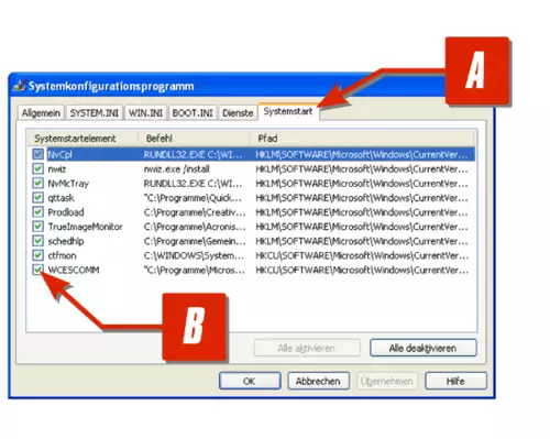  Abbildung 3: ber den Reiter "Systemstart"[A] in dem Programm "MSCONFIG" knnen Sie alle Programme sehen, die beim Programmstart aufgerufen wurden. ber das deaktivieren eines Hakens[B] knnen Sie den zuknftigen Start verhindern