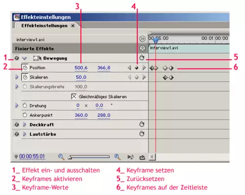 Arbeiten mit Keyframes im Einstellungen-Fenster