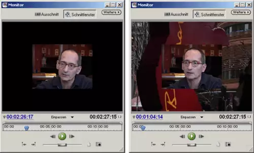 Eine auf 50% skalierte Interviewsequenz – links auf schwarz, rechts mit Hintergrundvideo