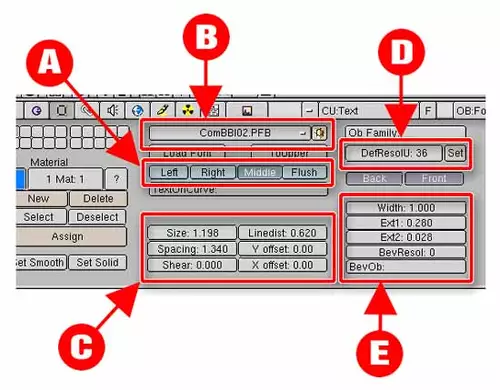  Abbildung3: In den Edit-Buttons (F9) knnen Sie Ihren Text anordnen[A], mit eigenen Fonts versehen[B], die Laufweite verndern[C], die Flchenzahl erhhen[D] und die Tiefe des 3D-Effekts einstellen[F].