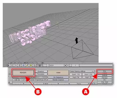  Abbildung4: So könnte Ihr Projekt jetzt ungefähr aussehen, wenn Sie Ihre Lampe in der 3D-Welt platziert haben. Sie können nun Ihr erstes Bild rendern, indem Sie die PAL-Auflösung wählen[A], und anschließend den Berechnungsvorgang starten[B].