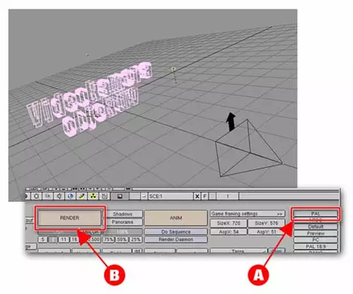  Abbildung4: So knnte Ihr Projekt jetzt ungefhr aussehen, wenn Sie Ihre Lampe in der 3D-Welt platziert haben. Sie knnen nun Ihr erstes Bild rendern, indem Sie die PAL-Auflsung whlen[A], und anschlieend den Berechnungsvorgang starten[B].