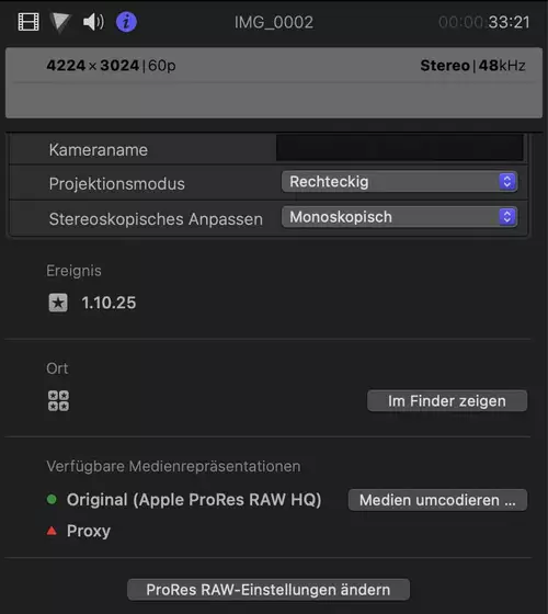 Mobiles Filmen iPhone 17 Pro Max im Praxistest: ProRes RAW, Apple Log 2 - inkl. DJI Osmo Pocket Vergleich : ProResRawEinstellungen