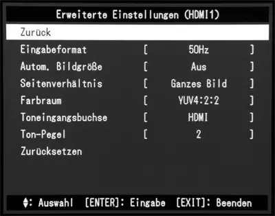 Erweiterte HDMI Einstellungen hier mit YUV 4:2:2 Farbraum