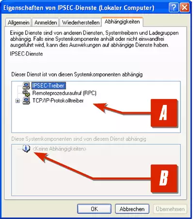  Abbildung 2: In den Abhngigkeiten knnen Sie sehen, von welchen anderen Diensten dieser Dienst abhngig ist[A], und welche anderen Dienste diesen Dienst als Grundlage bentigen[B]