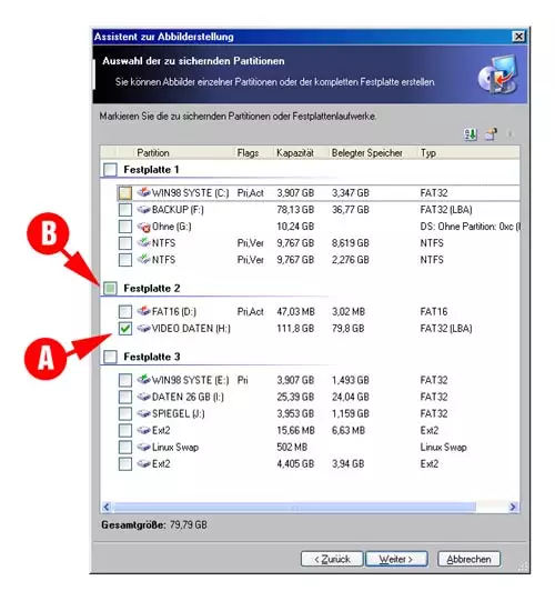  Abbildung 2: Whlen Sie aus, welche Partitionen in Ihrem System gesichert werden sollen