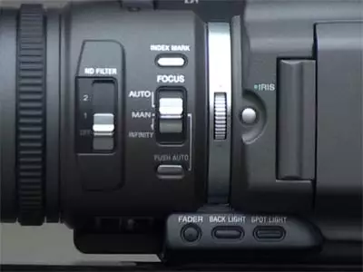 Einstellungsmöglichkeiten der Blende bei der Sony PD-150: Links der zweifache ND-Filter, rechts wird die Blendengröße reguliert (durch betätigen des Buttons "Iris" und anschließendes Drehen am Rädchen). Auch ein Backlight-Button ist unten vorhanden.