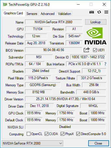 MSI Ventus Geforce RTX 2080 - Beste Grafikkarte fr die 4K-/8K-Videobearbeitung? : GPU-z