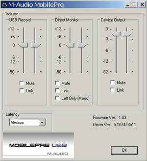 Das MobilePre USB Control Panel