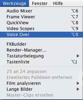 Abbildung 1: Über den Menüpunkt "Werkzeuge" stellt Final Cut Pro ein ausgereiftes Voice Over Tool zur Verfügung.