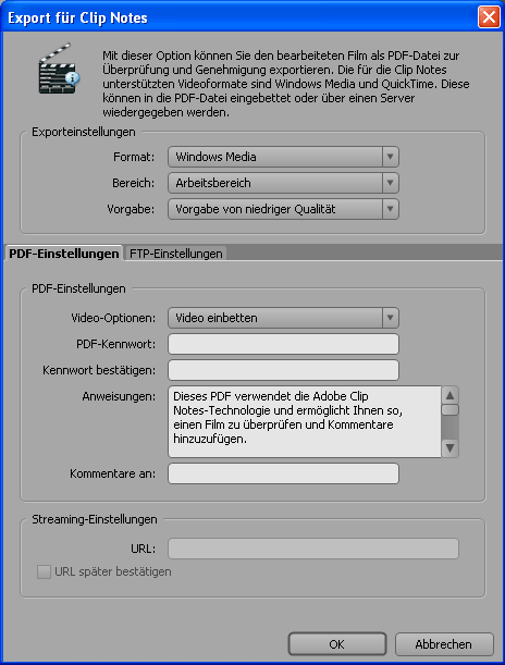 Das Export-Fenster mit Optionen zum Videoclip und dem PDF